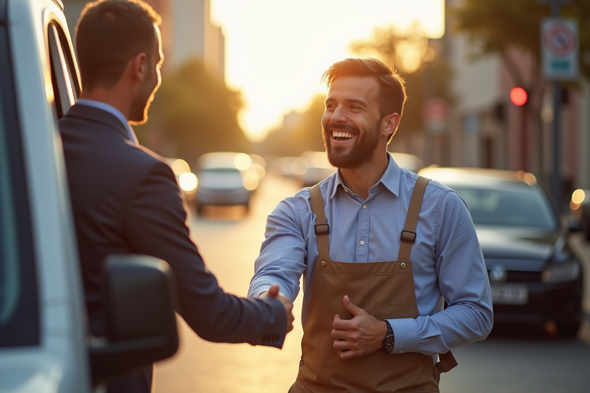 Un commerçant souriant serre la main d