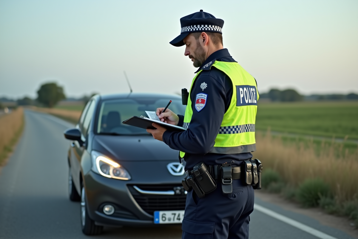 Agent de police contrôlant un conducteur sur une route rurale