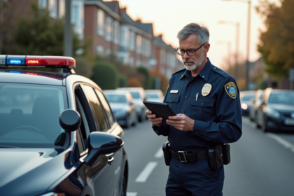 Policier en uniforme avec voiture et tablette