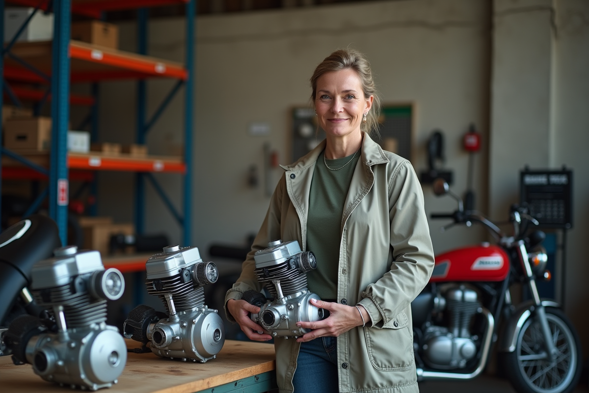 Femme dans atelier moto tenant un moteur 50cc en intérieur