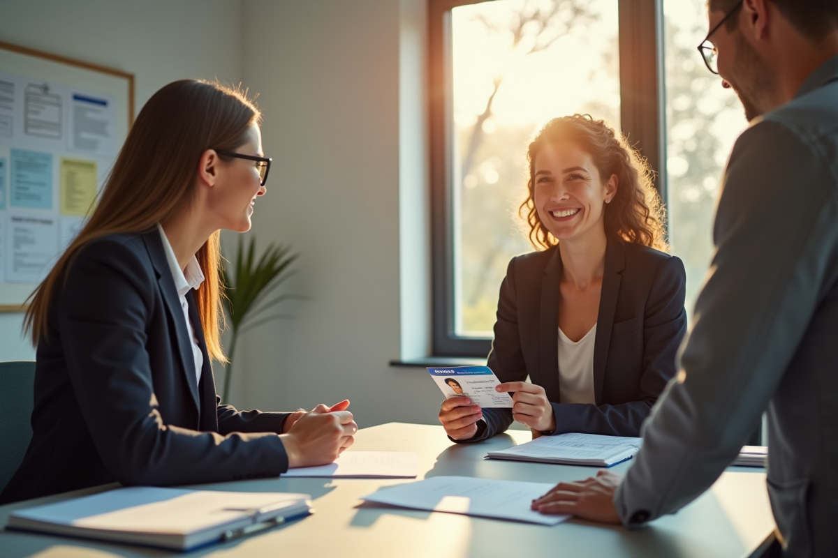 Intérieur d'un bureau administratif français avec un agent accueillant un usager