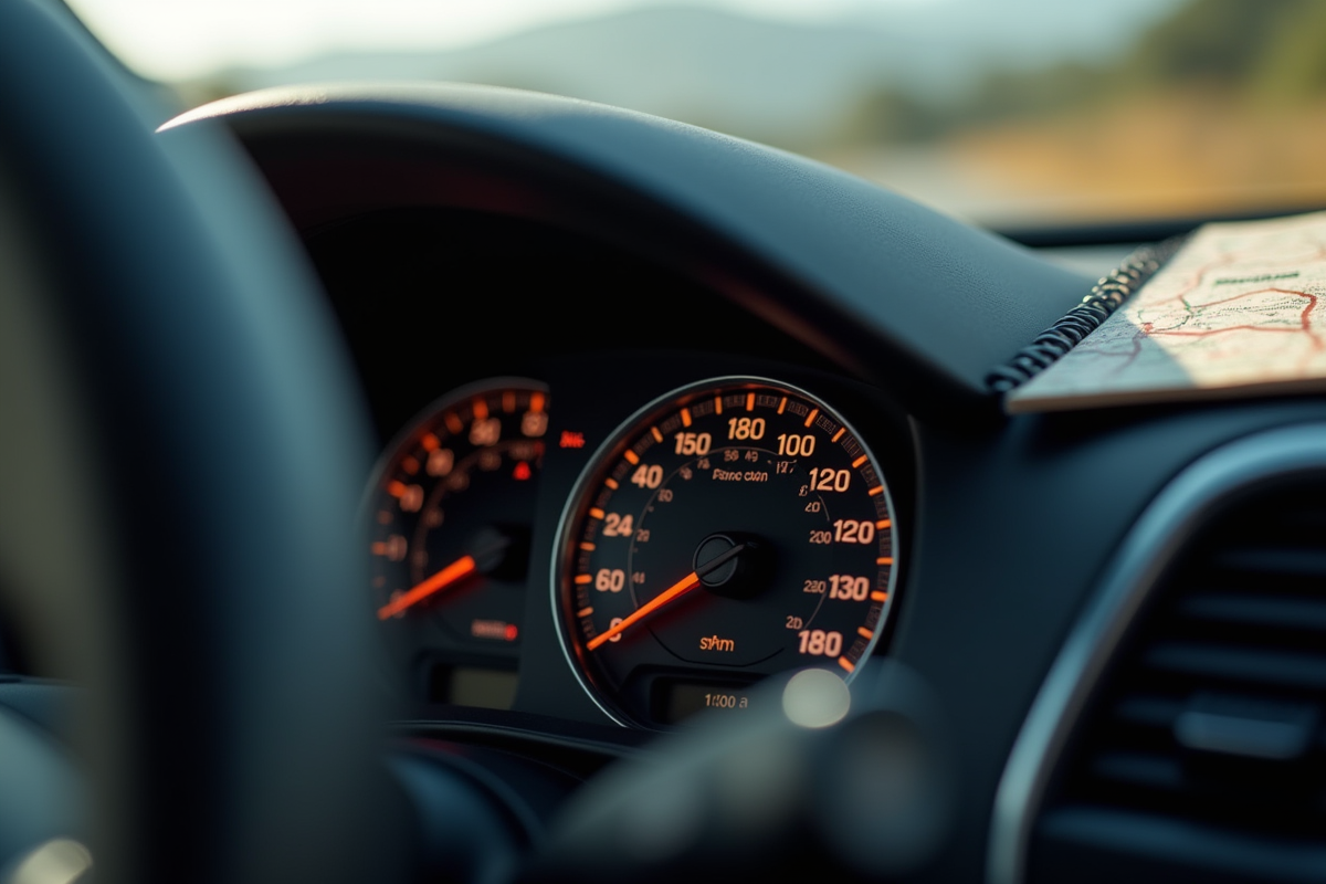 Compteur de voiture affichant 3000 km avec détails du tableau de bord