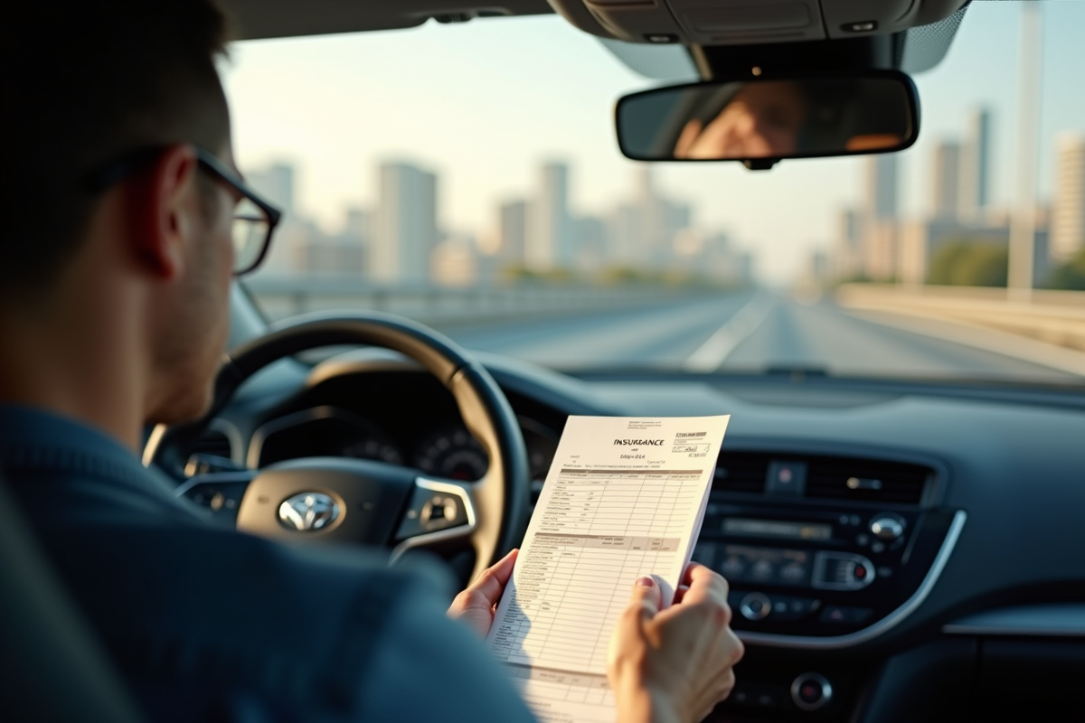 Conducteur frustré regardant une facture d'assurance auto dans une voiture moderne