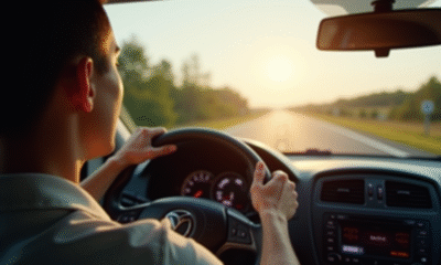 Conducteur fatigué tenant le volant sur une autoroute ensoleillée