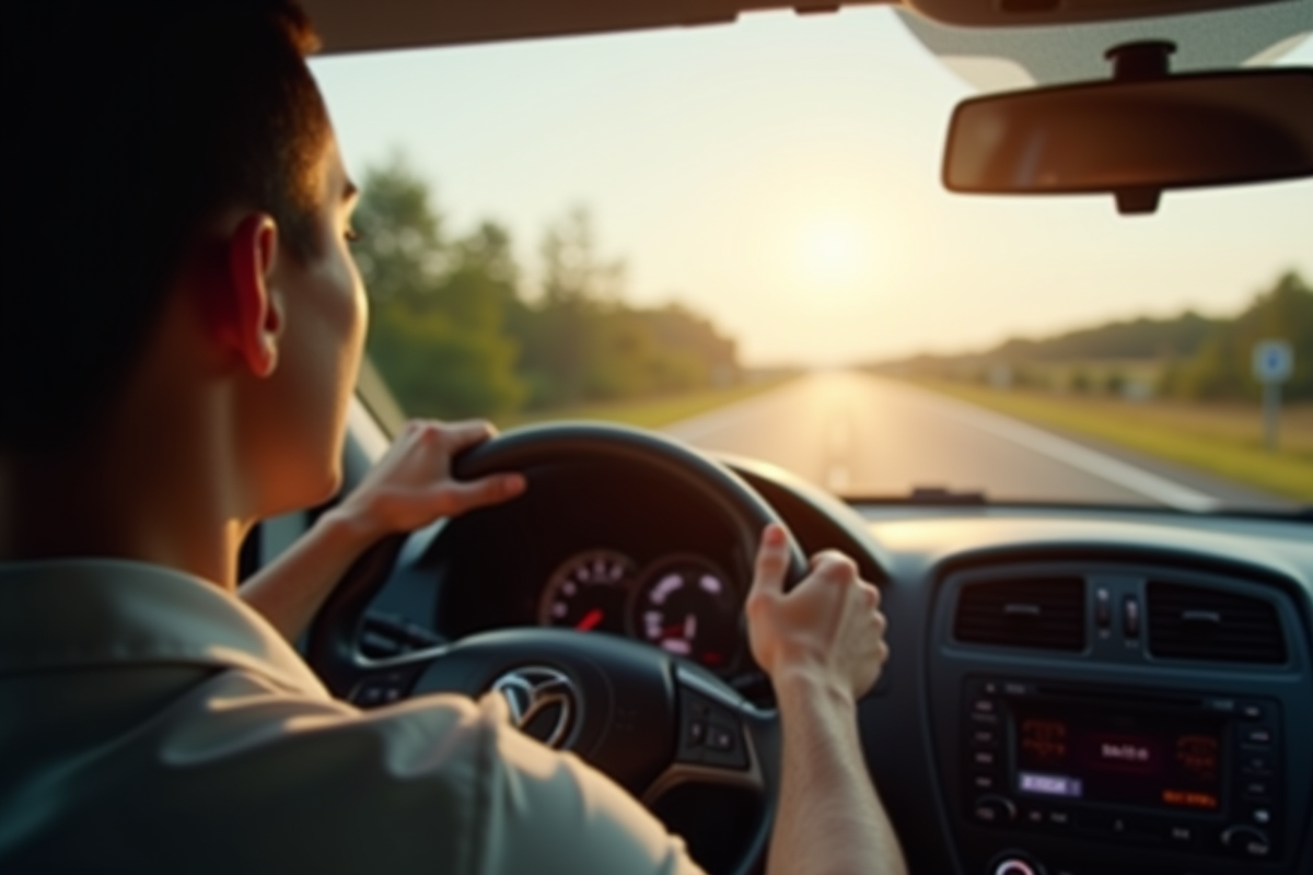 Conducteur fatigué tenant le volant sur une autoroute ensoleillée