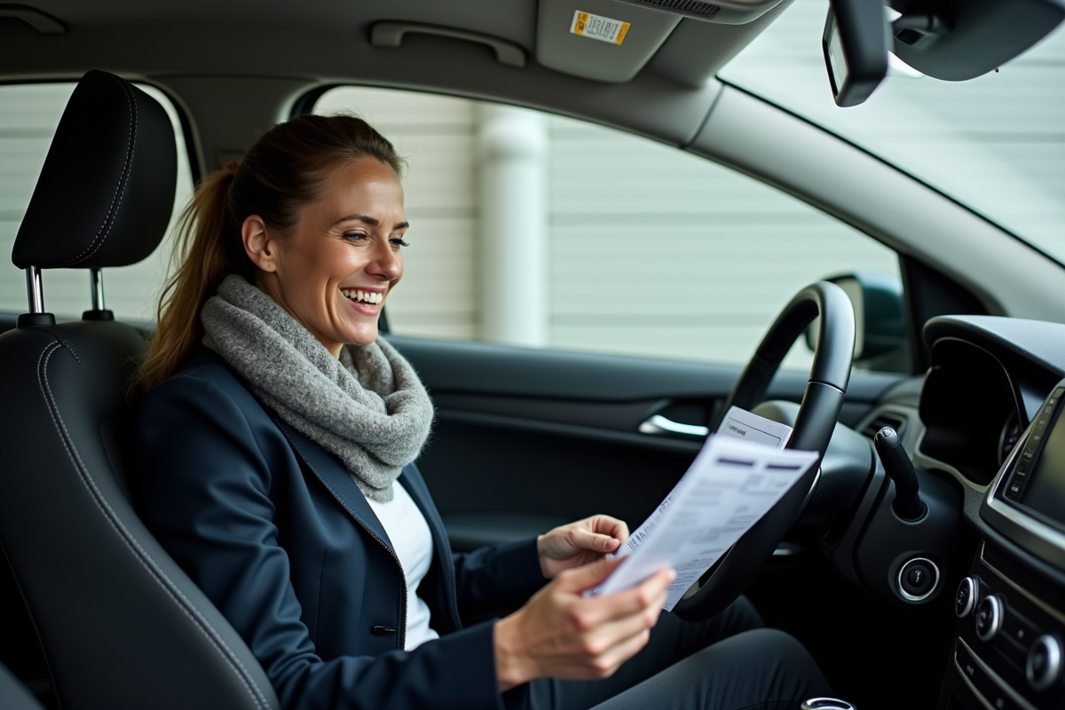 Femme souriante consulte documents de controle automobile