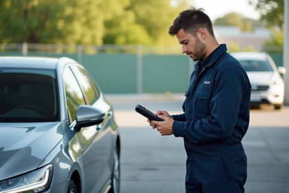Jeune mecanicien examine donnees emissions voiture urbaine