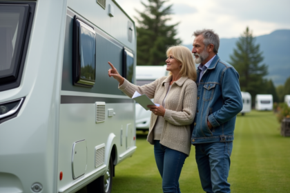 Couple regardant une caravane au camping nature