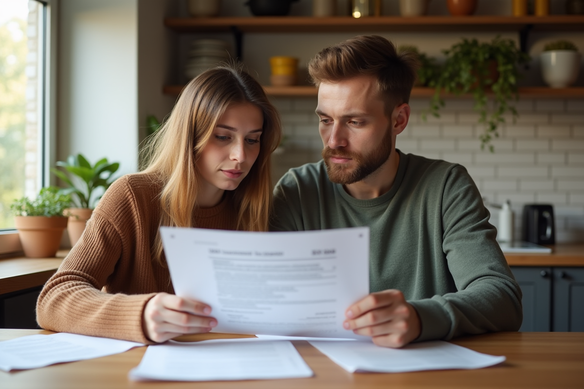 Jeune couple examinant des documents d