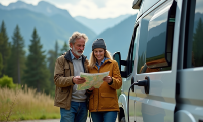 Couple avec van électrique au bord d'une forêt montagneuse