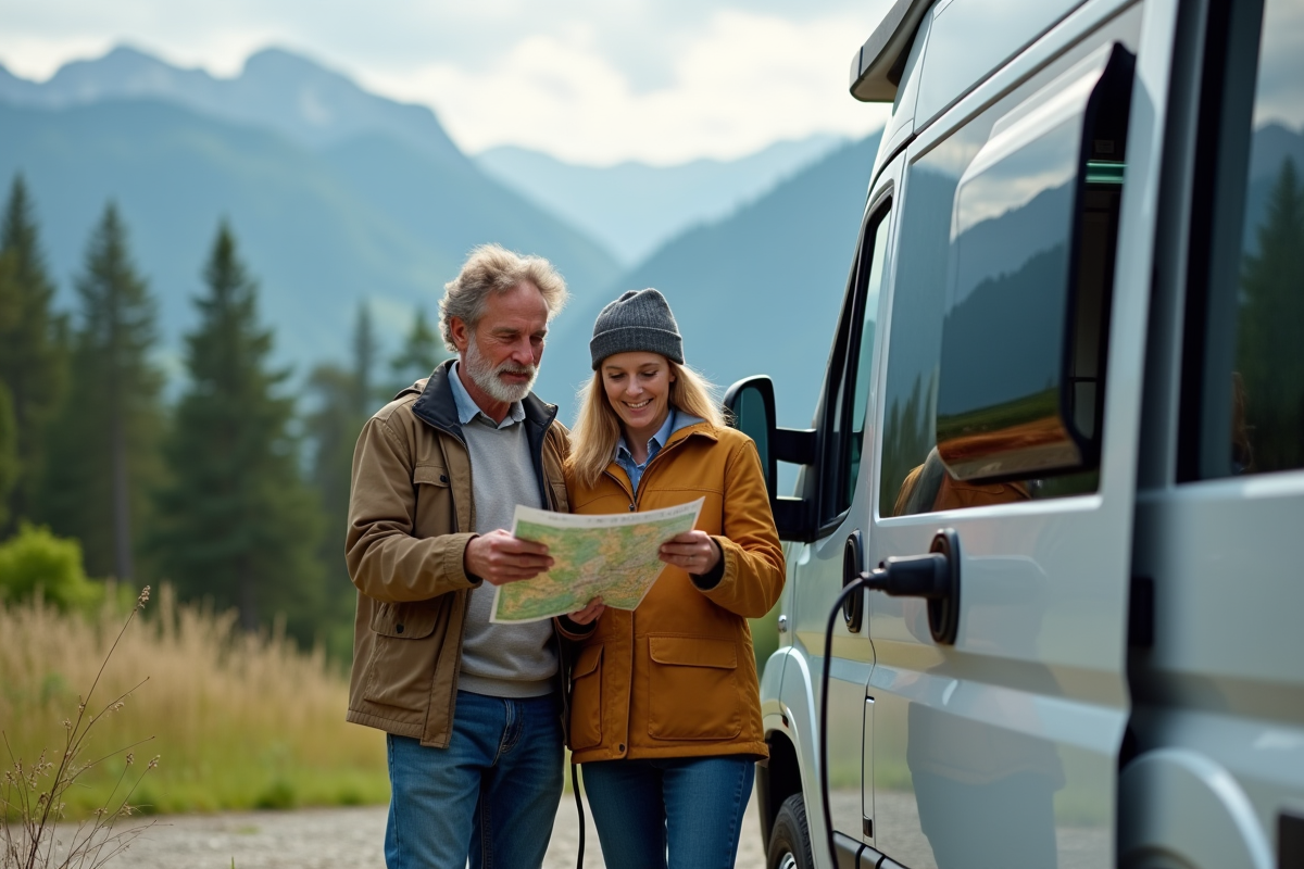 Couple avec van électrique au bord d'une forêt montagneuse