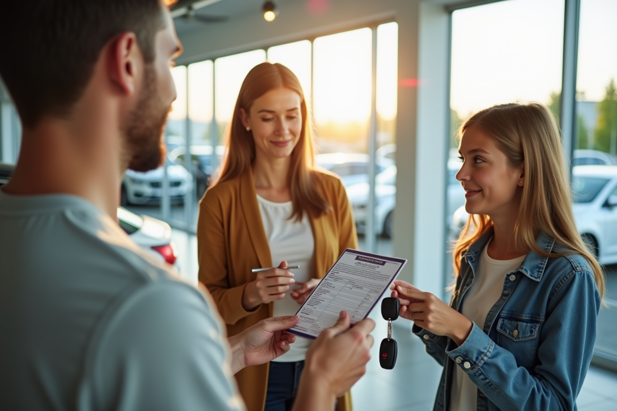 Famille échangeant clés de voiture dans un showroom lumineux