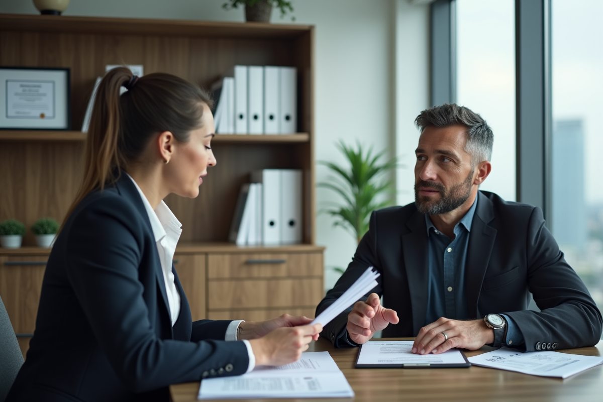 Femme conseillant un homme d'affaires dans un bureau moderne