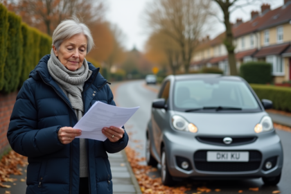 Femme d'âge moyen tenant un papier d'assurance voiture dans un quartier résidentiel