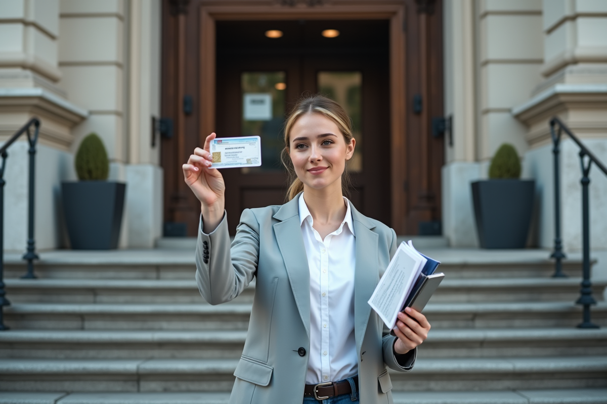 Jeune femme tenant son permis de conduire devant un bâtiment officiel