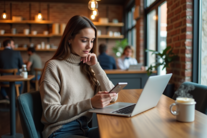 Jeune femme dans un café moderne utilisant son smartphone