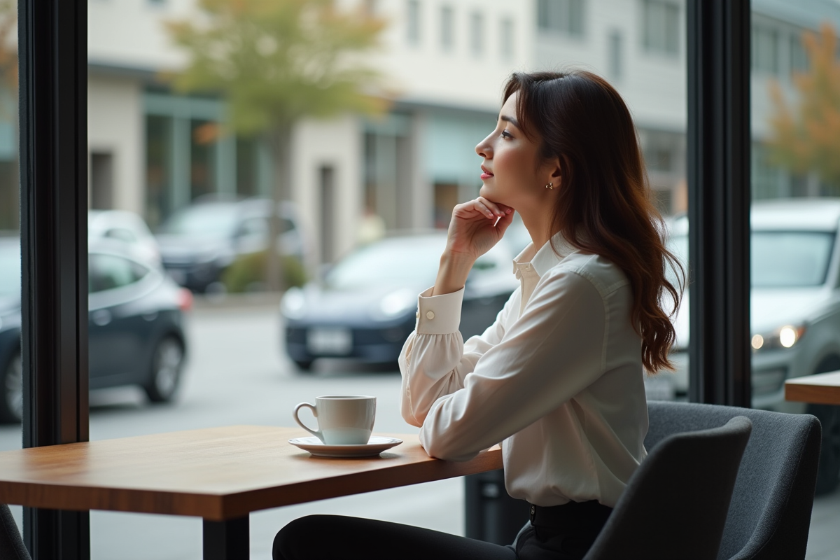Jeune femme au café regardant la rue avec voitures