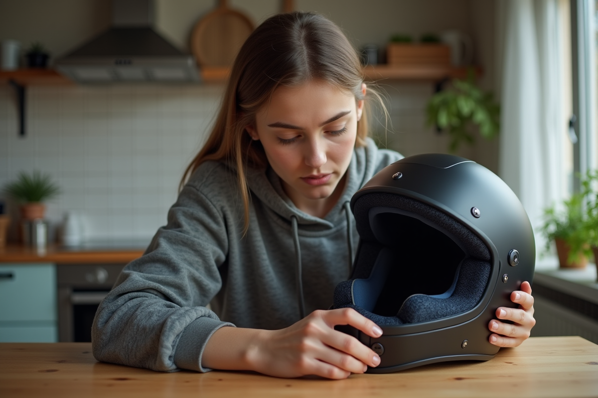 Jeune femme inspecte un casque moto intérieur à la maison