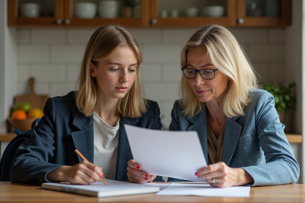Femme et adolescente lisant des documents dans la cuisine