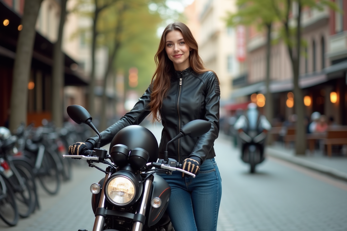 Jeune femme en veste moto et jeans à côté de sa moto en ville