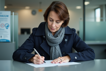 Femme française remplissant des papiers de renouvellement