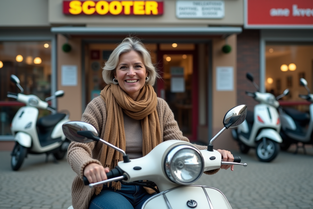 Femme souriante sur un scooter devant une concession