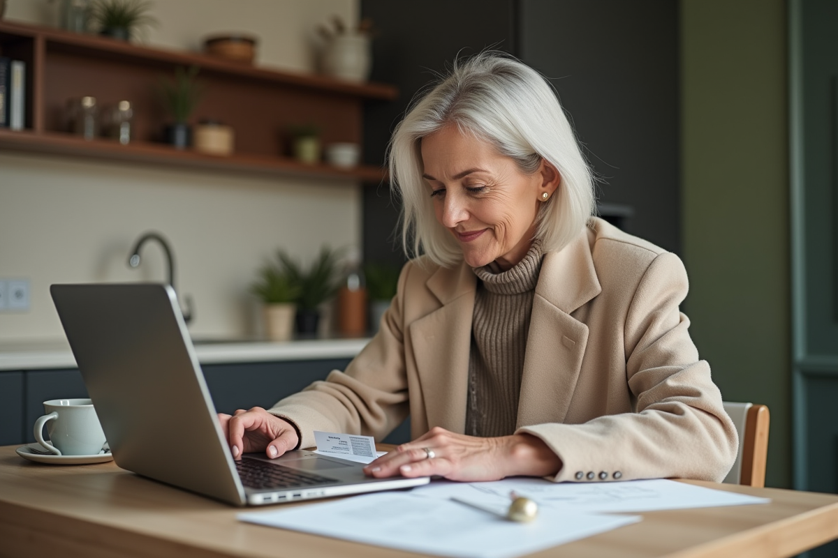 Femme tapant sur un ordinateur dans sa cuisine