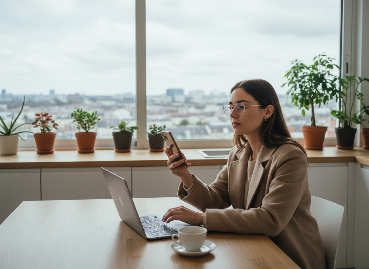 Jeune femme en manteau beige travaille sur son ordinateur dans une cuisine moderne à Lille