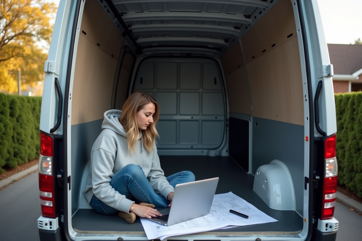 Femme utilisant un ordinateur dans un van vide