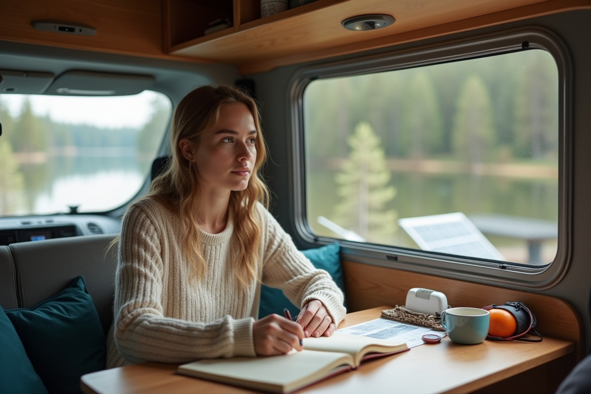 Jeune femme dans van électrique en train d