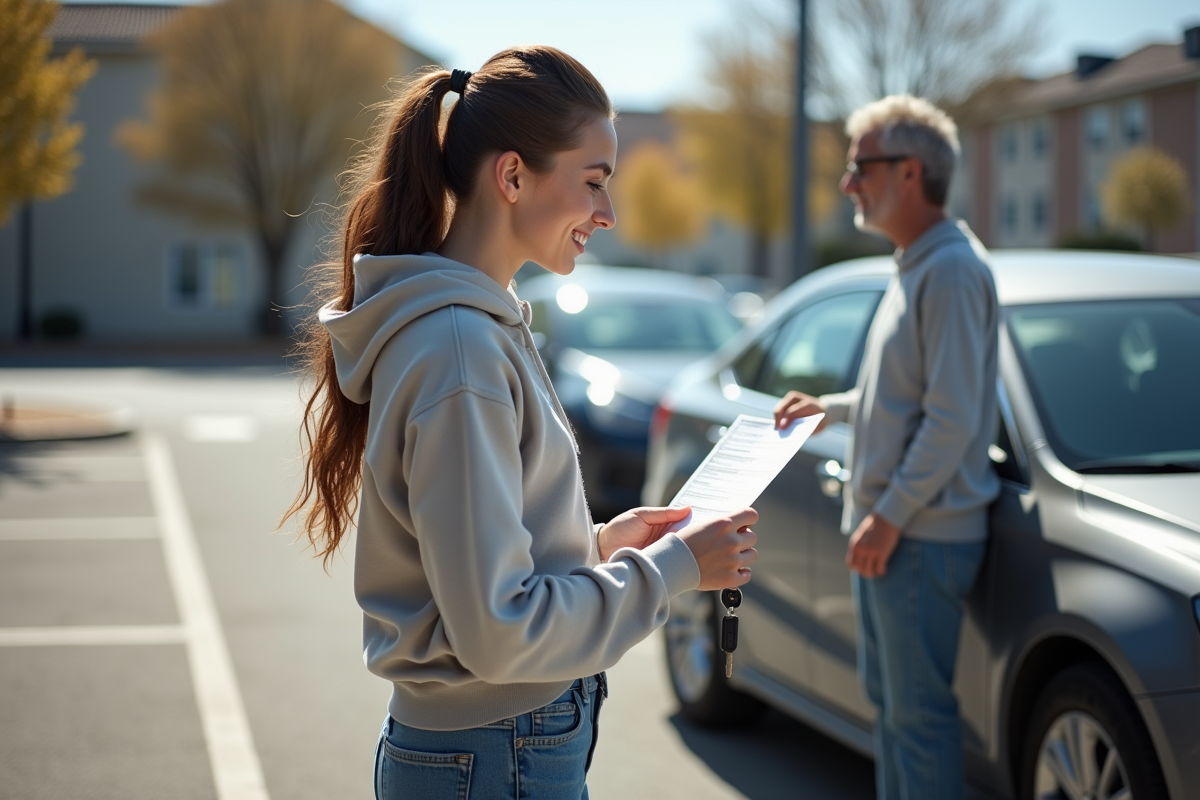 Femme avec clés de voiture et amie dans un parking ensoleille
