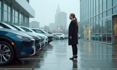 Femme d affaires examine des voitures hybrides en concession