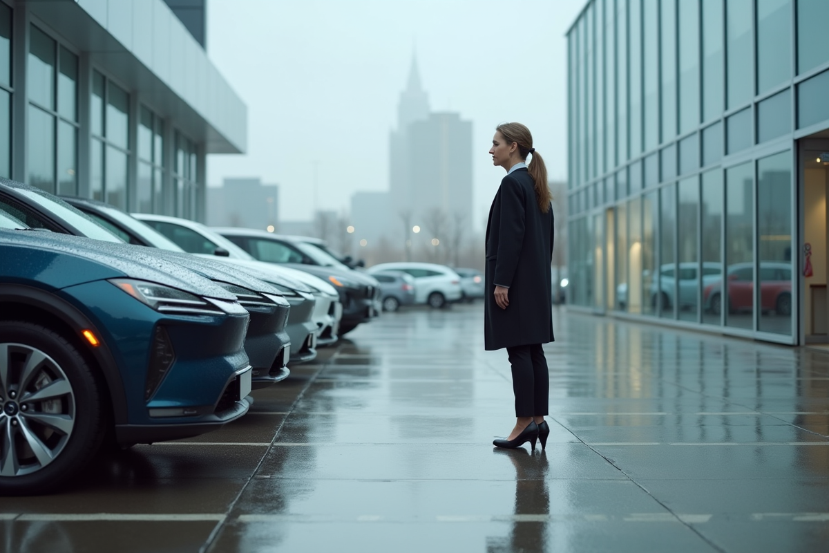 Femme d affaires examine des voitures hybrides en concession