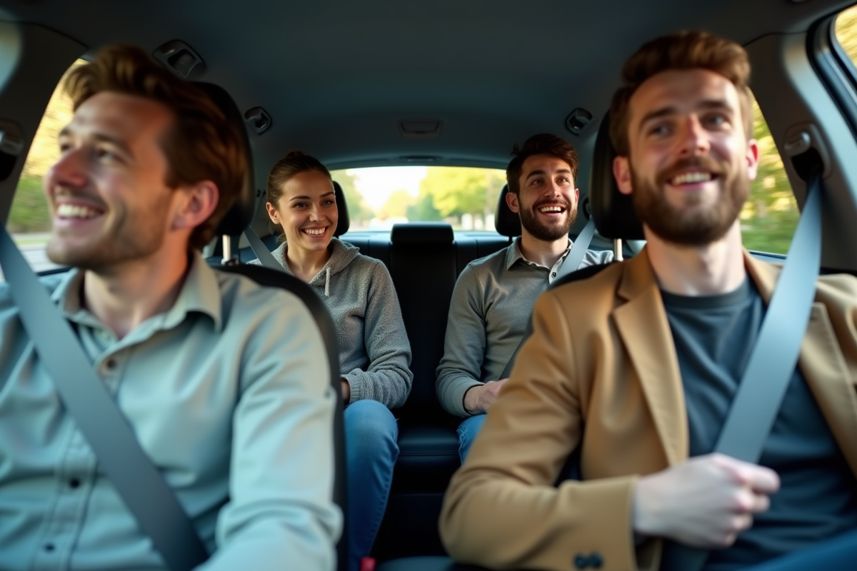 Trois personnes discutant dans une voiture spacieuse