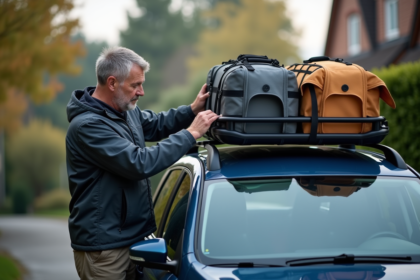 Homme attachant des bagages sur le toit de la voiture