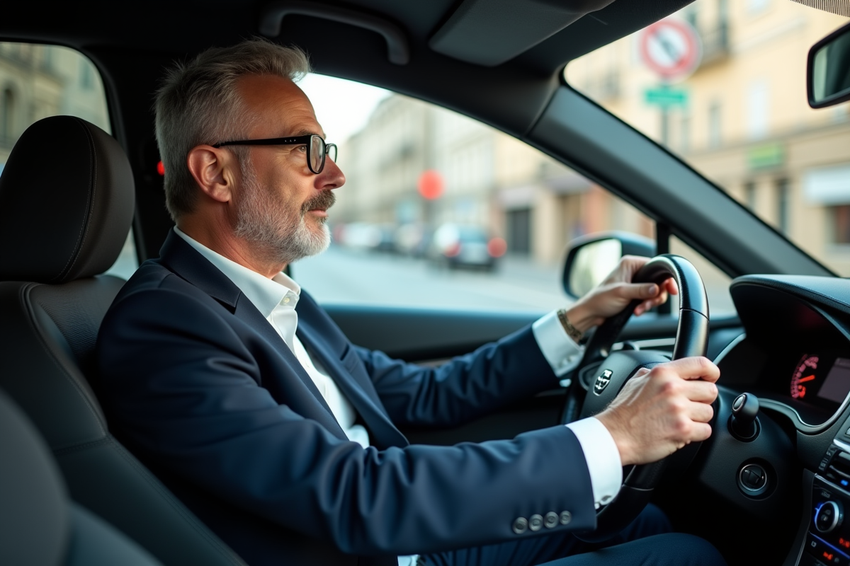Homme concentré lors de son test de conduite en voiture