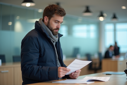 Homme examinant documents dans un bureau moderne