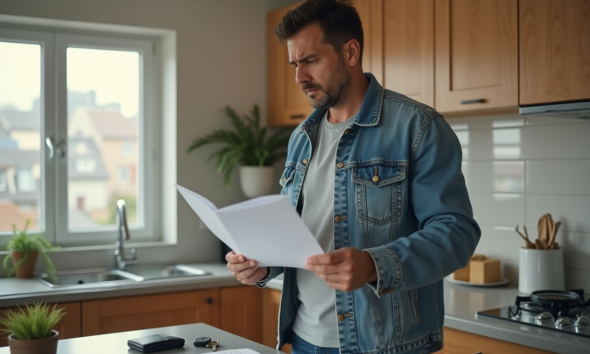 Homme inquiet cherchant des papiers dans la cuisine moderne