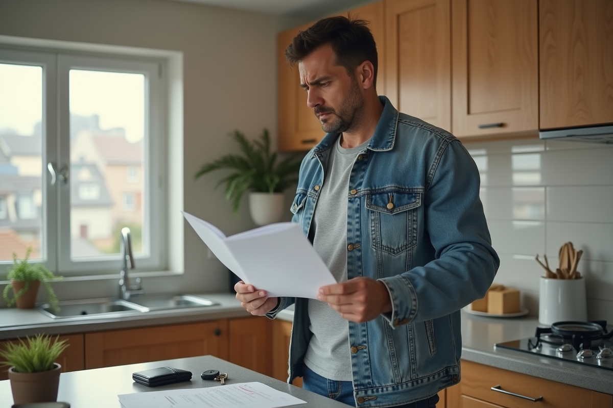 Homme inquiet cherchant des papiers dans la cuisine moderne