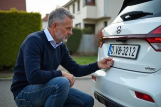 Homme français posant une plaque d'immatriculation sur une voiture
