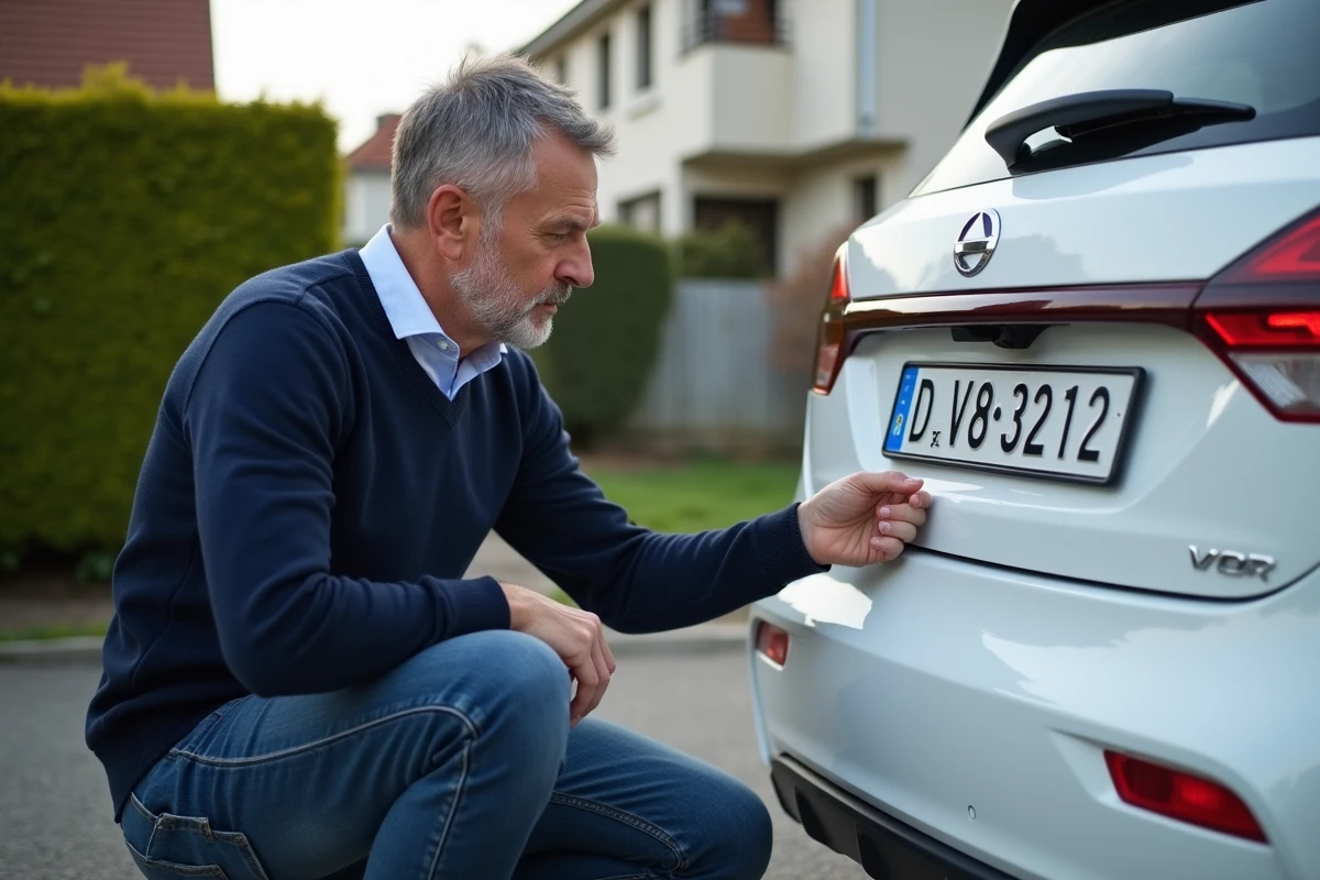Homme français posant une plaque d'immatriculation sur une voiture