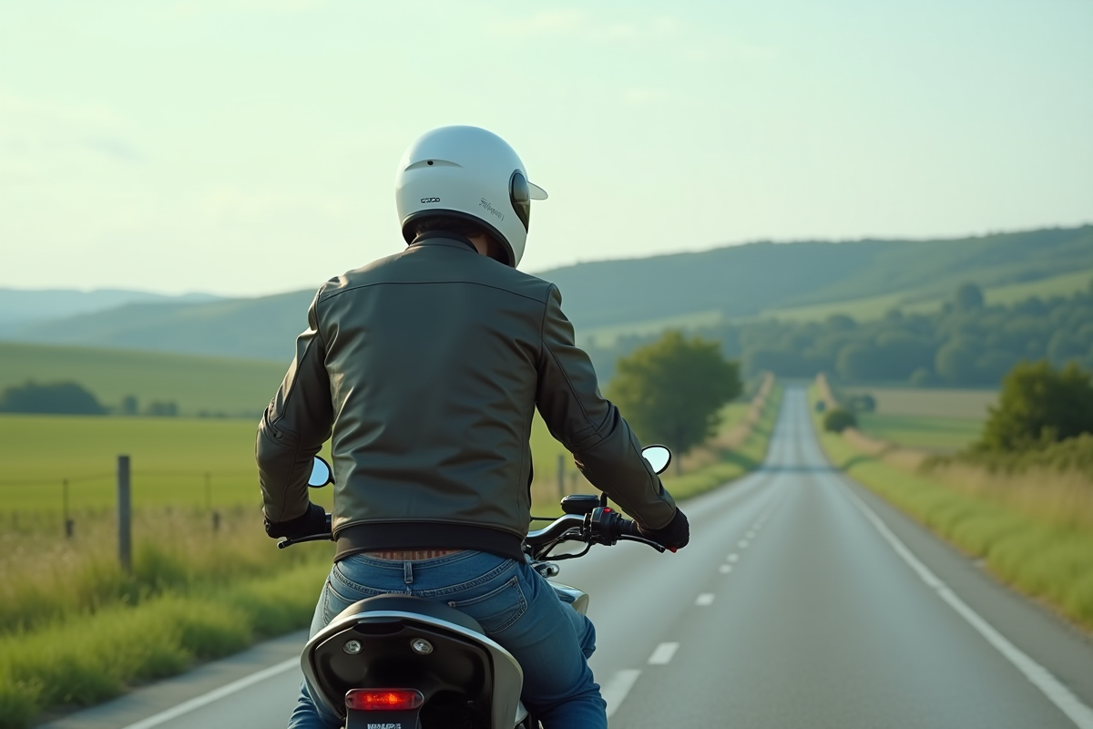Homme en moto dans un paysage campagnard paisible