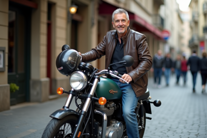 Homme souriant avec moto vintage en ville
