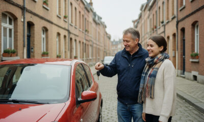 Homme en jeans et veste navy remet des clés à une femme souriante dans une rue de Lille