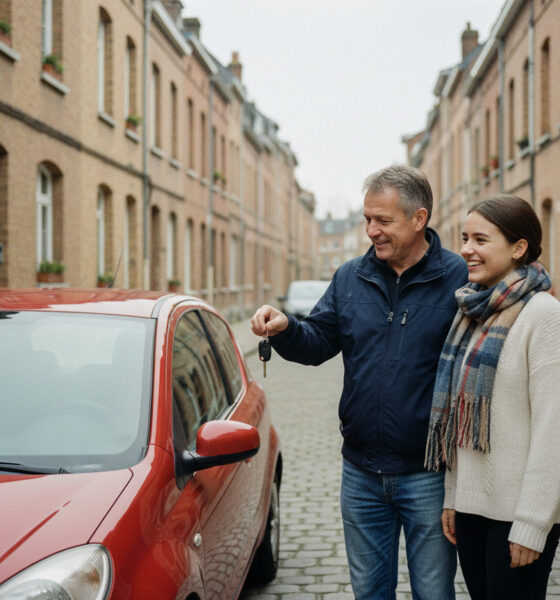 Homme en jeans et veste navy remet des clés à une femme souriante dans une rue de Lille