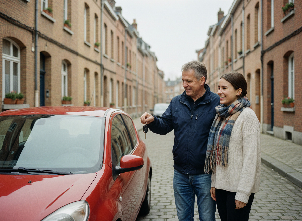 Homme en jeans et veste navy remet des clés à une femme souriante dans une rue de Lille