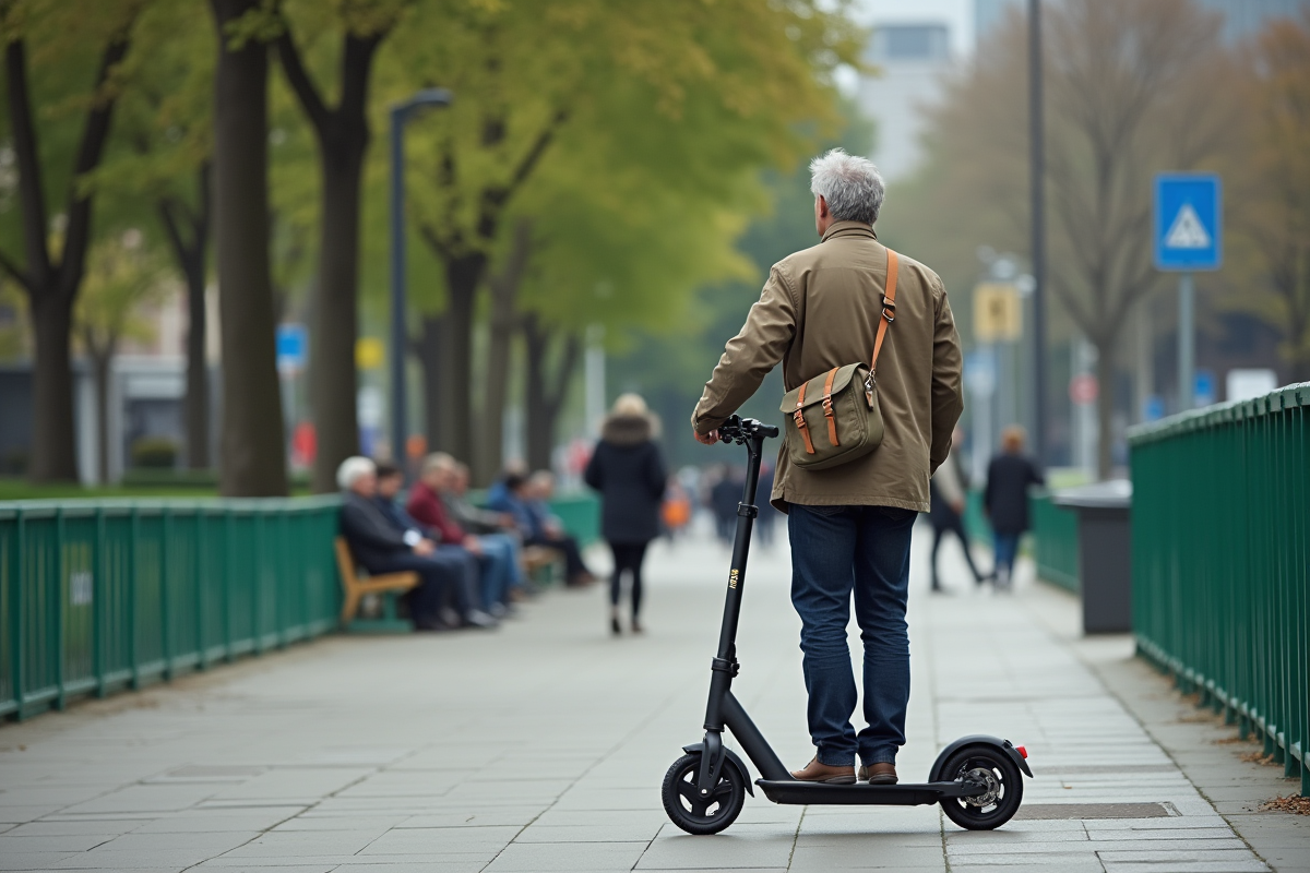 Homme avec scooter près d’un parc en ville