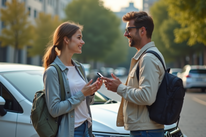 Homme souriant vérifiant son smartphone à côté de sa voiture