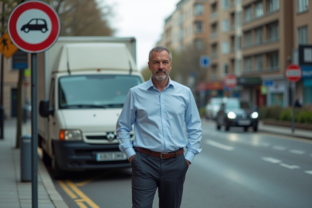 Homme d'affaires près d'une camionnette diesel en ville en 2030