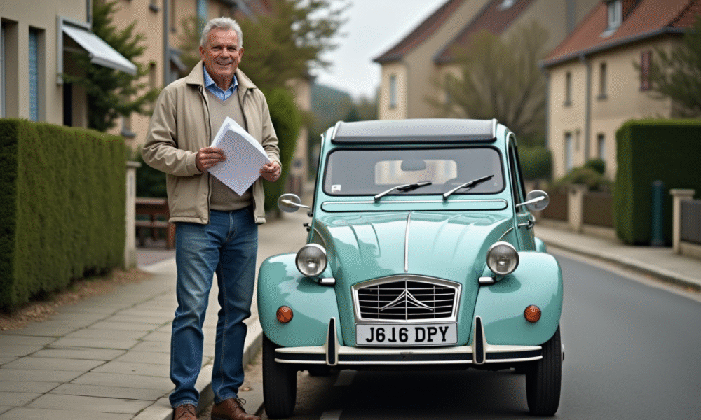 Homme d'âge moyen avec documents et Citroën 2CV vintage